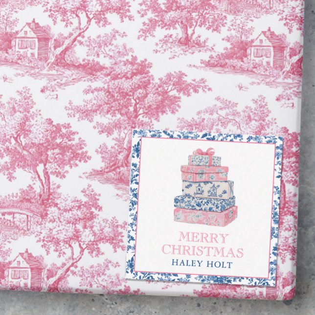 Blue & Pink Chinoiserie Toile Christmas Presents Note Card (Photo of a pink and blue chinoiserie christmas gift with a gift enclosure card.)