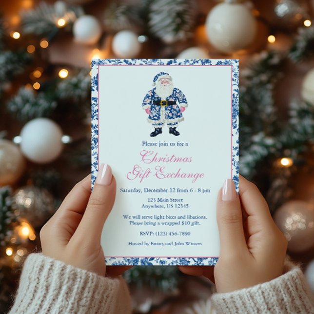 Blue & Pink Chinoiserie Toile Christmas Santa Invitation (Creator Uploaded)
