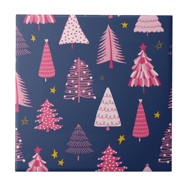 Blue & Pink Christmas Tree Pattern Ceramic Tile (Front)