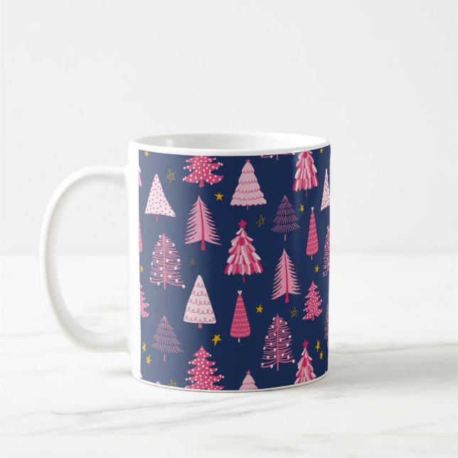Blue & Pink Christmas Tree Pattern Coffee Mug (Left)