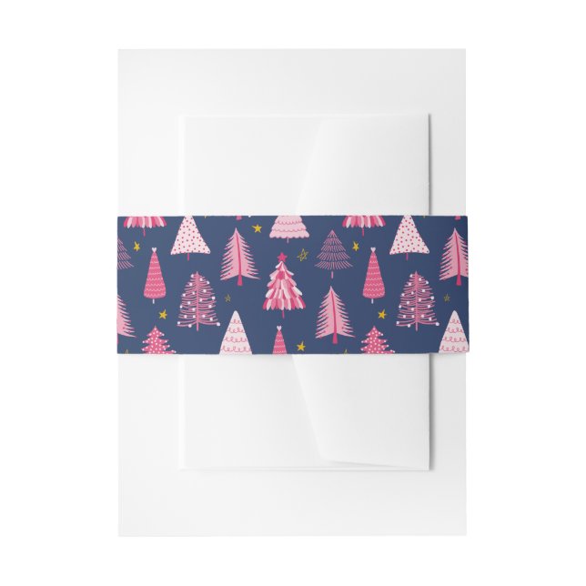Blue & Pink Christmas Tree Pattern Invitation Belly Band (Front Example)