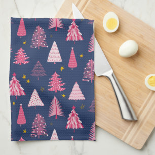 Blue & Pink Christmas Tree Pattern Kitchen Towel