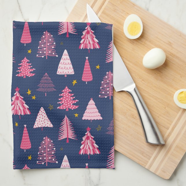 Blue & Pink Christmas Tree Pattern Kitchen Towel (Quarter Fold)