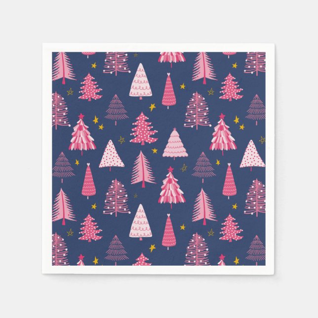 Blue & Pink Christmas Tree Pattern Napkins (Front)
