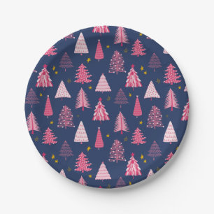 Blue & Pink Christmas Tree Pattern Paper Plates