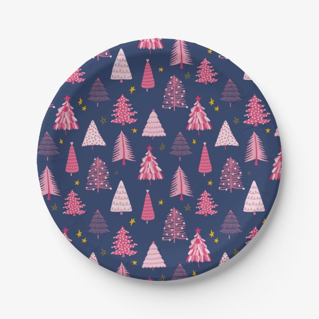 Blue & Pink Christmas Tree Pattern Paper Plates (Front)