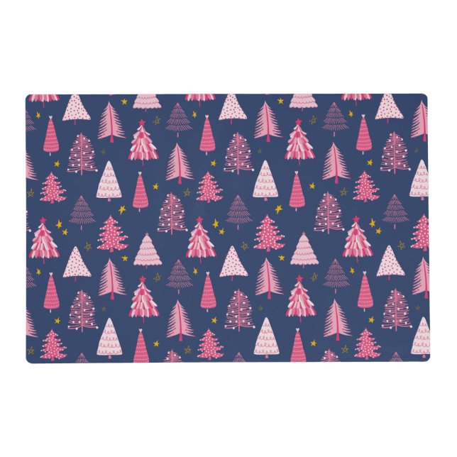 Blue & Pink Christmas Tree Pattern Placemat (Front)