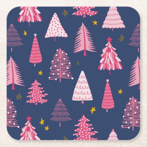 Blue  Pink Christmas Tree Pattern Square Paper Coaster