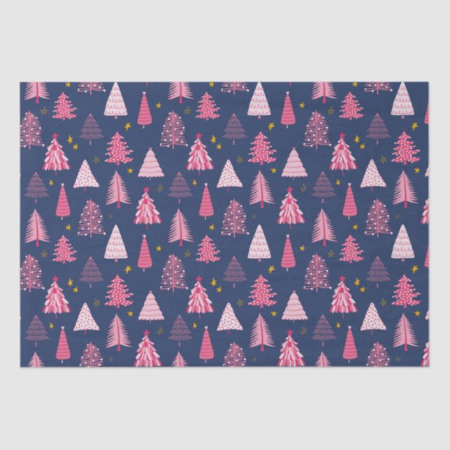 Blue & Pink Christmas Tree Pattern Tissue Paper (Front)
