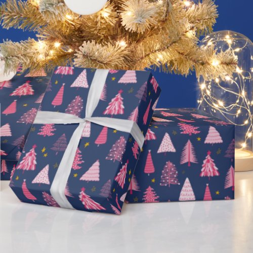 Blue  Pink Christmas Tree Pattern Wrapping Paper