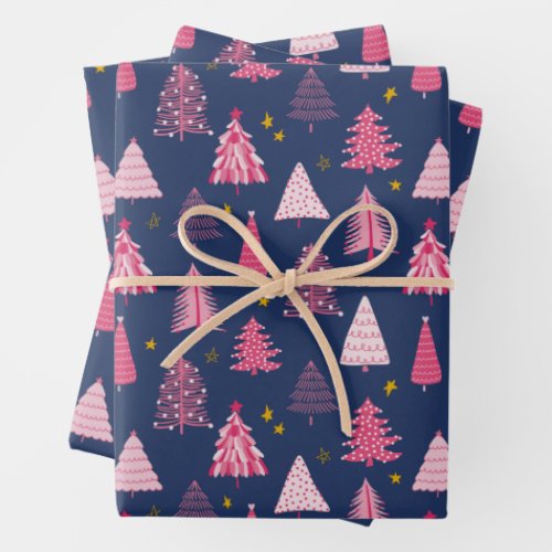Blue  Pink Christmas Tree Pattern Wrapping Paper Sheets