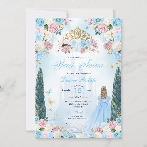 Blue  Pink Cinderella Fairytale Princess Sweet 16 Invitation