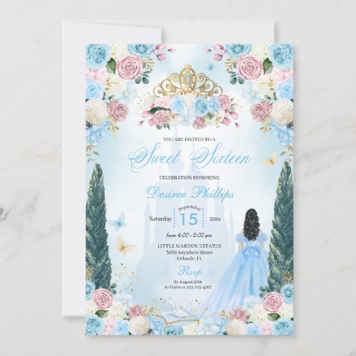 Blue  Pink Cinderella Fairytale Princess Sweet 16 Invitation