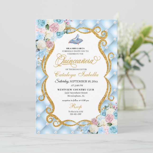 Blue & Pink Cinderella Glass Shoe Quinceanera Invitation (Standing Front)