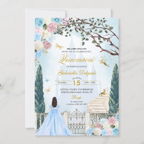 Blue  Pink Cinderella Magical Garden Quinceanera Invitation