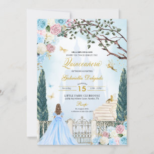 Blue & Pink Cinderella Magical Garden Quinceanera Invitation