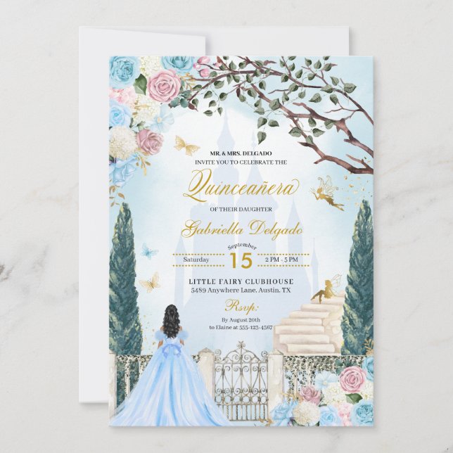Blue & Pink Cinderella Magical Garden Quinceanera Invitation (Front)