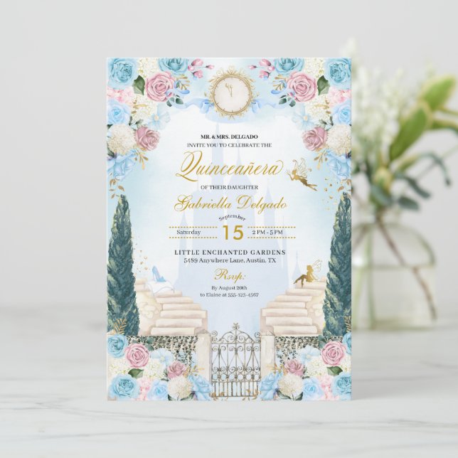 Blue & Pink Cinderella Princess Fairy Quinceanera Invitation (Standing Front)