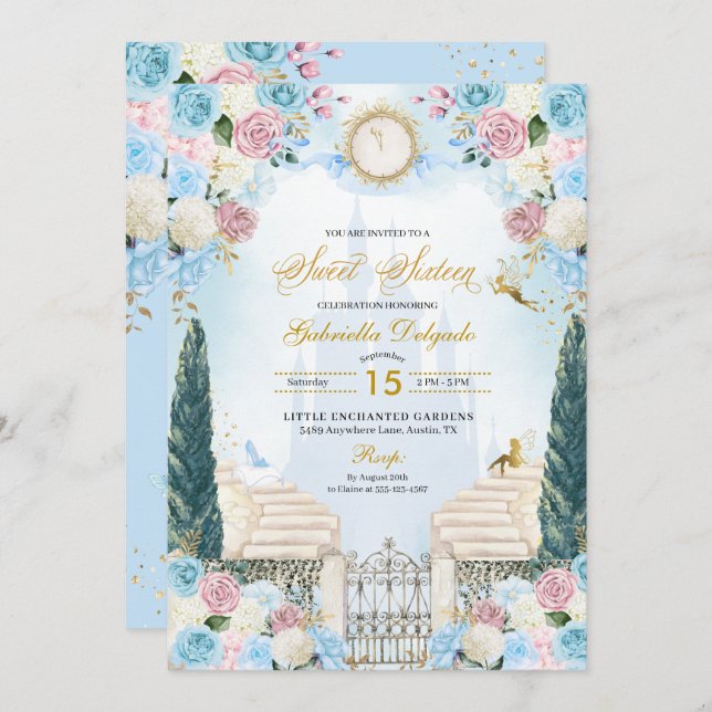 Blue & Pink Cinderella Princess Sweet Sixteen Invitation (Front/Back)