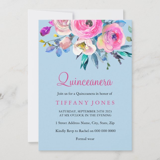 Blue & Pink Colorful Flower Quinceanera Invite (Front)