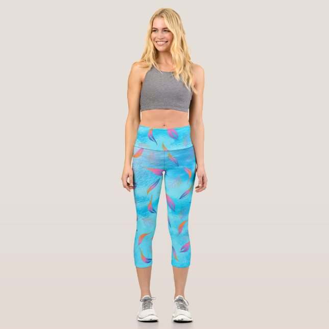BLUE PINK COLORFUL LEAF PATTERN CAPRI LEGGINGS (Front)