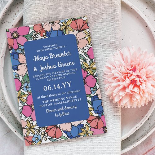 Blue Pink Coral Flowers Spring Summer Wedding Invitation