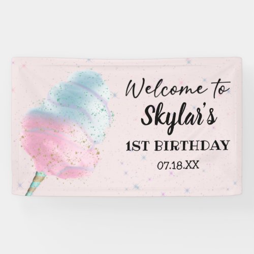 Blue Pink Cotton Candy BronzeGold Glitter Birthday Banner