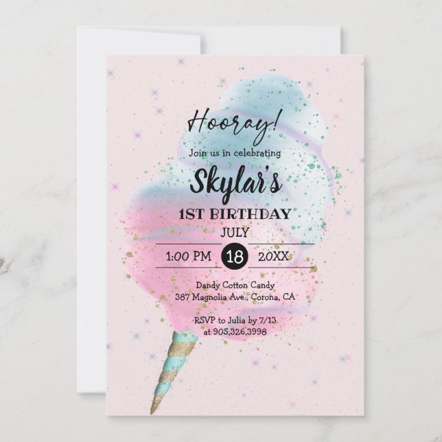 Blue Pink Cotton Candy BronzeGold Glitter Birthday Invitation (Front)
