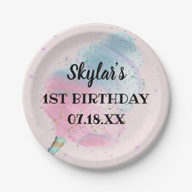 Blue Pink Cotton Candy BronzeGold Glitter Birthday Paper Plates (Front)