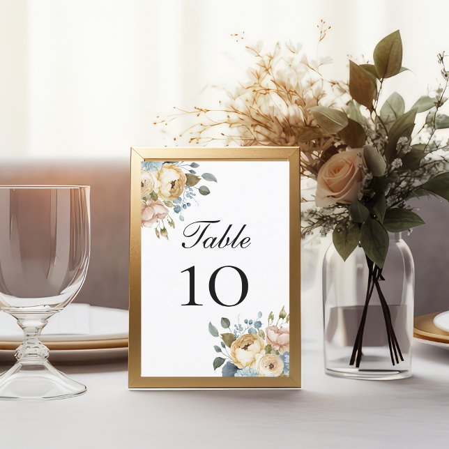 Blue Pink Cream Floral Wedding Table Number Cards (Blue Pink and Cream Floral Elegant Watercolor Wedding Table number cards)