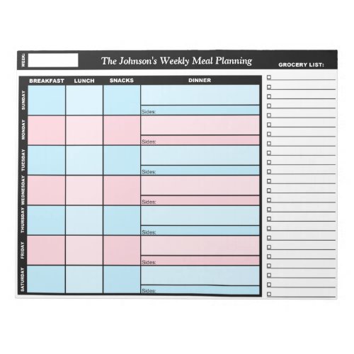 Blue  Pink Custom Weekly Meal Planning Notepad