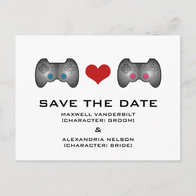 Blue Pink Cute Gamer Save the Date Postcard (Front)