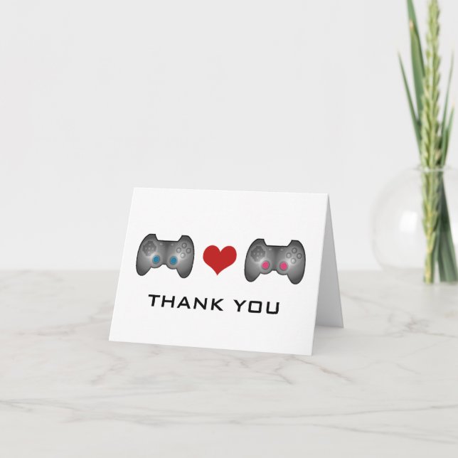 Blue Pink Cute Gamer Thank You Card (Front)