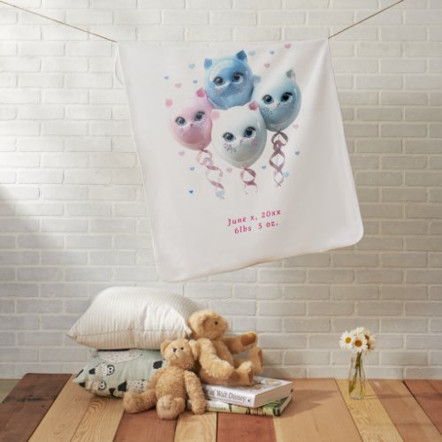 Blue Pink Cute Kitten Balloons Hearts Baby Blanket