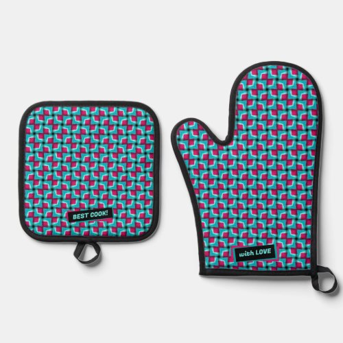 Blue Pink Cute Modern Pattern  Oven Mitt  Pot Holder Set