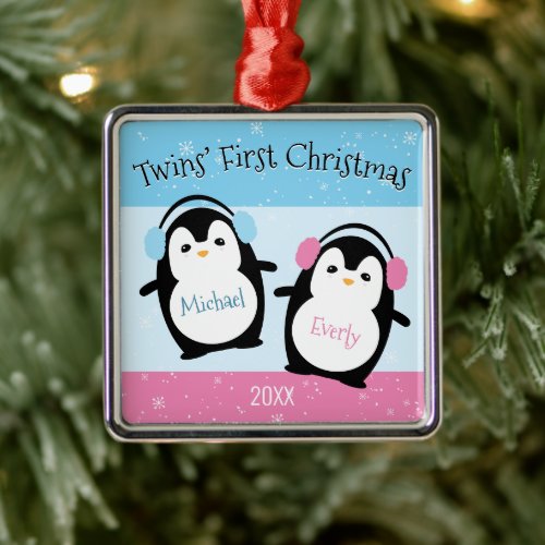 Blue Pink Cute Twins First Christmas Penguins Metal Ornament