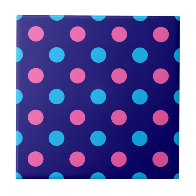 Blue Pink Cyan Polka Dot Pattern Ceramic Tile (Front)