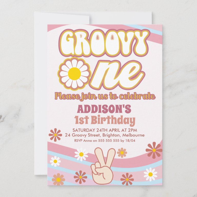 Blue Pink Daisies Peace Sign Groovy One Birthday Invitation