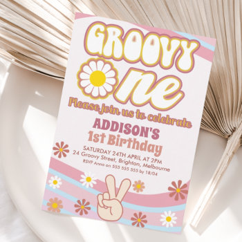 Blue Pink Daisies Peace Sign Groovy One Birthday Invitation by Sugar_Puff_Kids at Zazzle