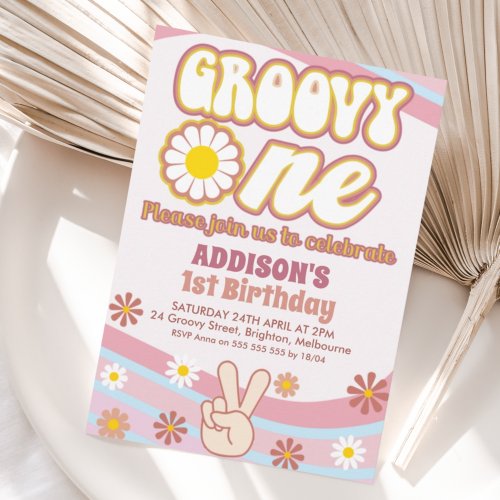 Blue Pink Daisies Peace Sign Groovy One Birthday Invitation