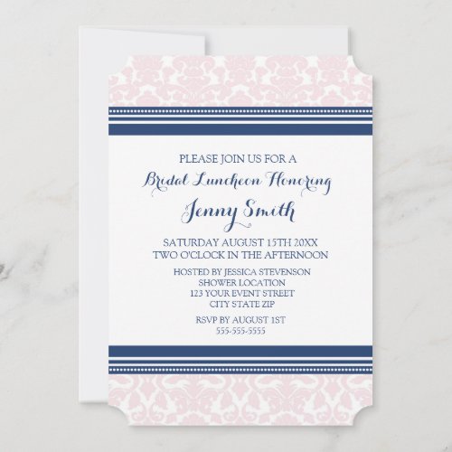 Blue Pink Damask Bridal Lunch Invitation Cards