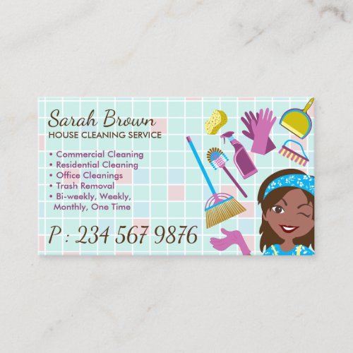 Blue Pink Dark Skin Janitorial Lady House Cleaning Business Card