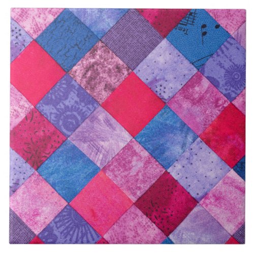 Blue Pink Diamond Patchwork Quilt Block Ceramic Tile