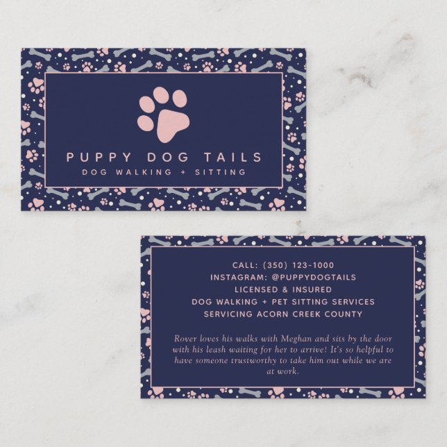 Blue Pink Dog Walker Pet Sitter  Business Card (Front/Back)