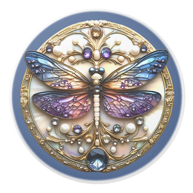 Blue Pink Dragonfly Pearls Precious Stones Ceramic Knob (Front)