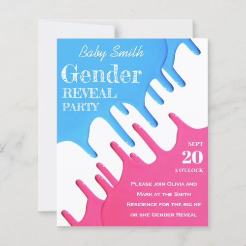 Blue Pink Dripping Paint Gender Reveal Invitation