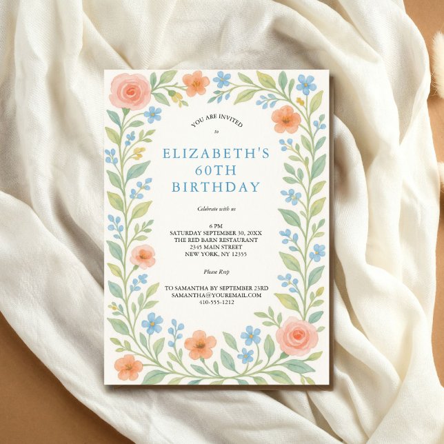Blue Pink Dusty Blue Floral Watercolor 60th  Invitation (Pink dusty blue and sage greenery watercolor floral 60th birthday invitation. Printed or Digital )