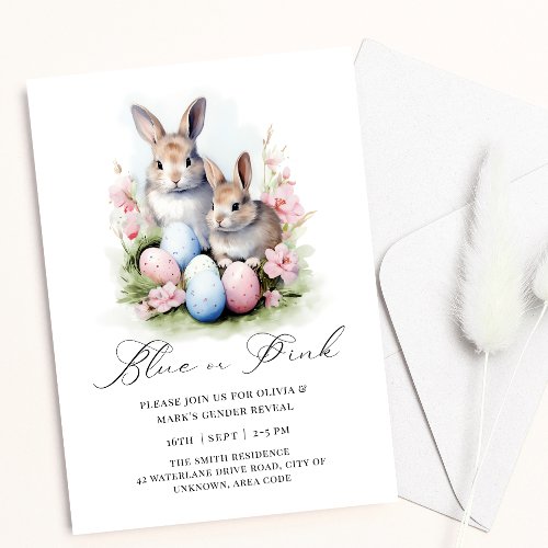 Blue Pink Easter Egg Bunny Rabbit Gender Reveal Invitation