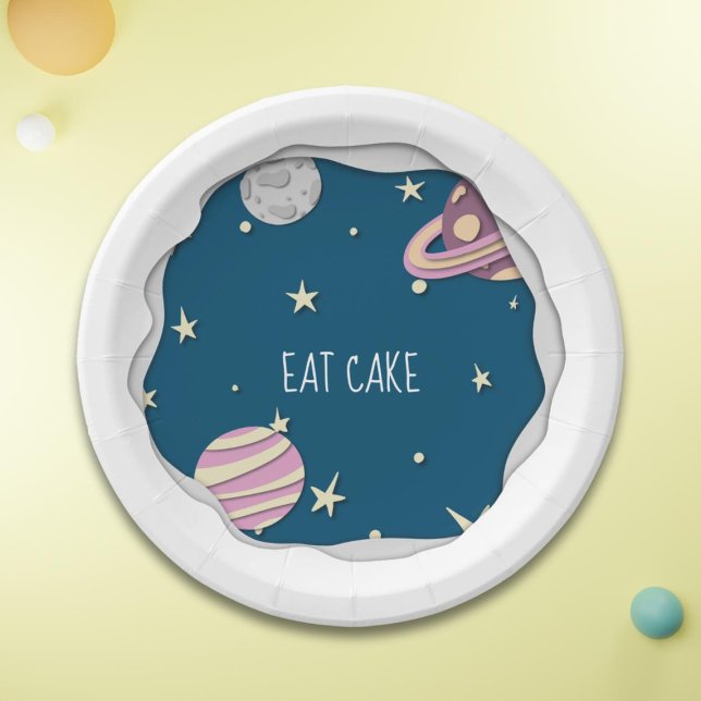 Blue Pink Eat Cake Galaxy Stars & Planets Paper Plates (Creator Uploaded)