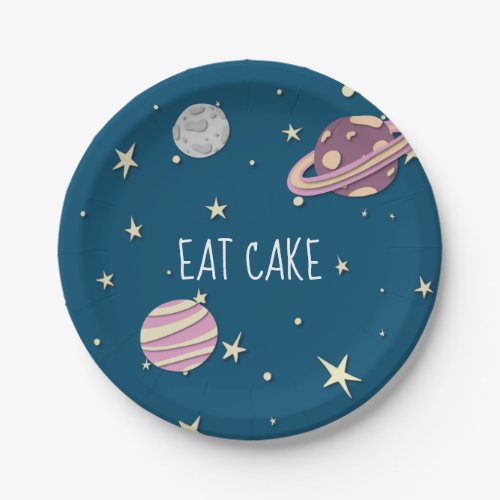Blue Pink Eat Cake Space Yellow Stars Paper Plates